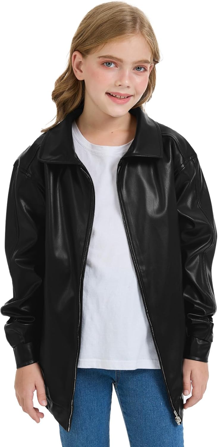 Girls Oversized Faux Leather Jackets Kids Zip Up Fall Winter Motorcycle Biker Coats Outerwear - Image 2