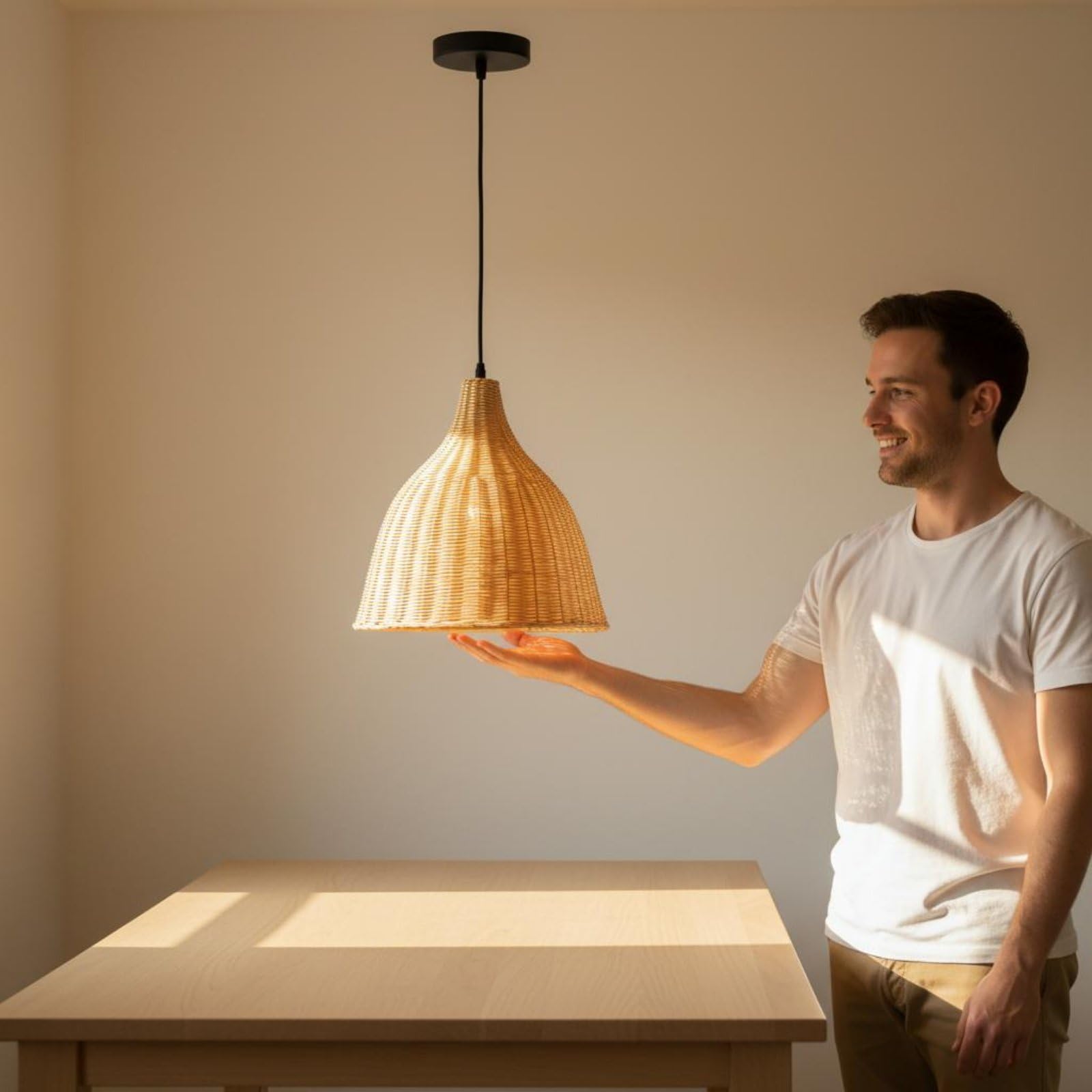 Lampada a Sospensione Intrecciata Rattan Bambù Plafoniera Decorativa E27 Installazione Veloce Ambiente Caldo Adatta per Sala da Tè Sala da Pranzo Ristorante Decorazione Bohemien, 35 Cm