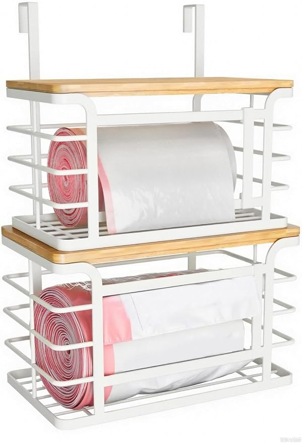 2 Pack Stackable Trash Bag Holder with Bamboo Top, 2025 Pro Wall Mount Laundry Room Organization, Djustable Hooks for Cabinet Door - Organizers in Kitchen/Pantry/Laundry Room, White