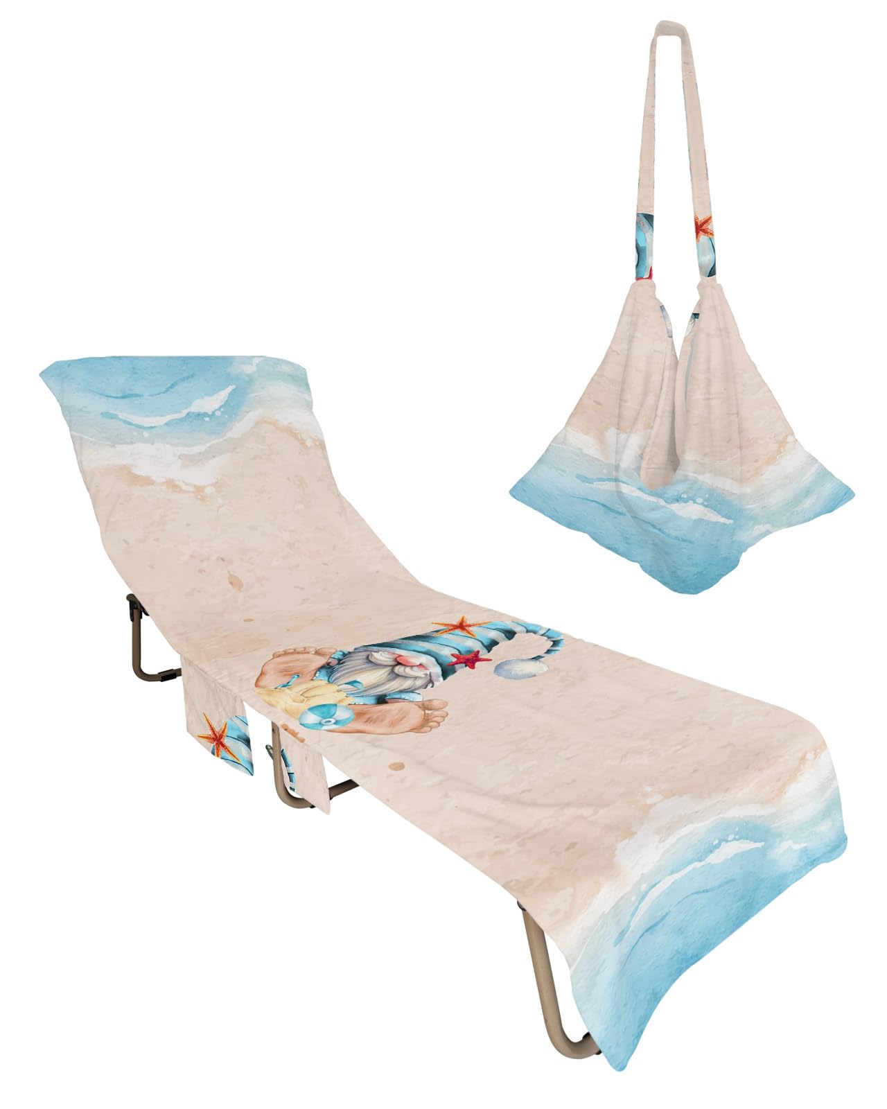 Beach Gnomes Beach Chair Towel Covers for Chaise Lounge with Side Pocket, Soft Plush Pool Towels Cover for Patio Sunbathing Outdoor 29''x85'' Blue Ocean Sea Starfish Sand Watercolor