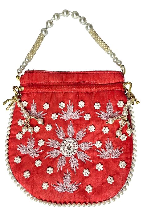 JIVANTA Silver Embedded Beads and Bright Red Color Fabric Ladies Wedding Potli Bag for Women and Girls Lehenga Choli Ghaghra Sharara Party Accessories (MIX COLOURS RED, WHITE, WINE, Gray)-image-10