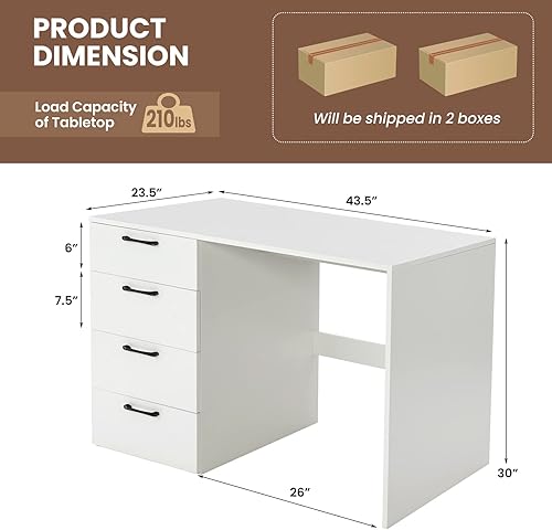 Miniatura 3 de Giantex Escritorio blanco para computadora con 4 cajones grandes, escritorio para computadora portátil para oficina en casa, mesa de escritura,