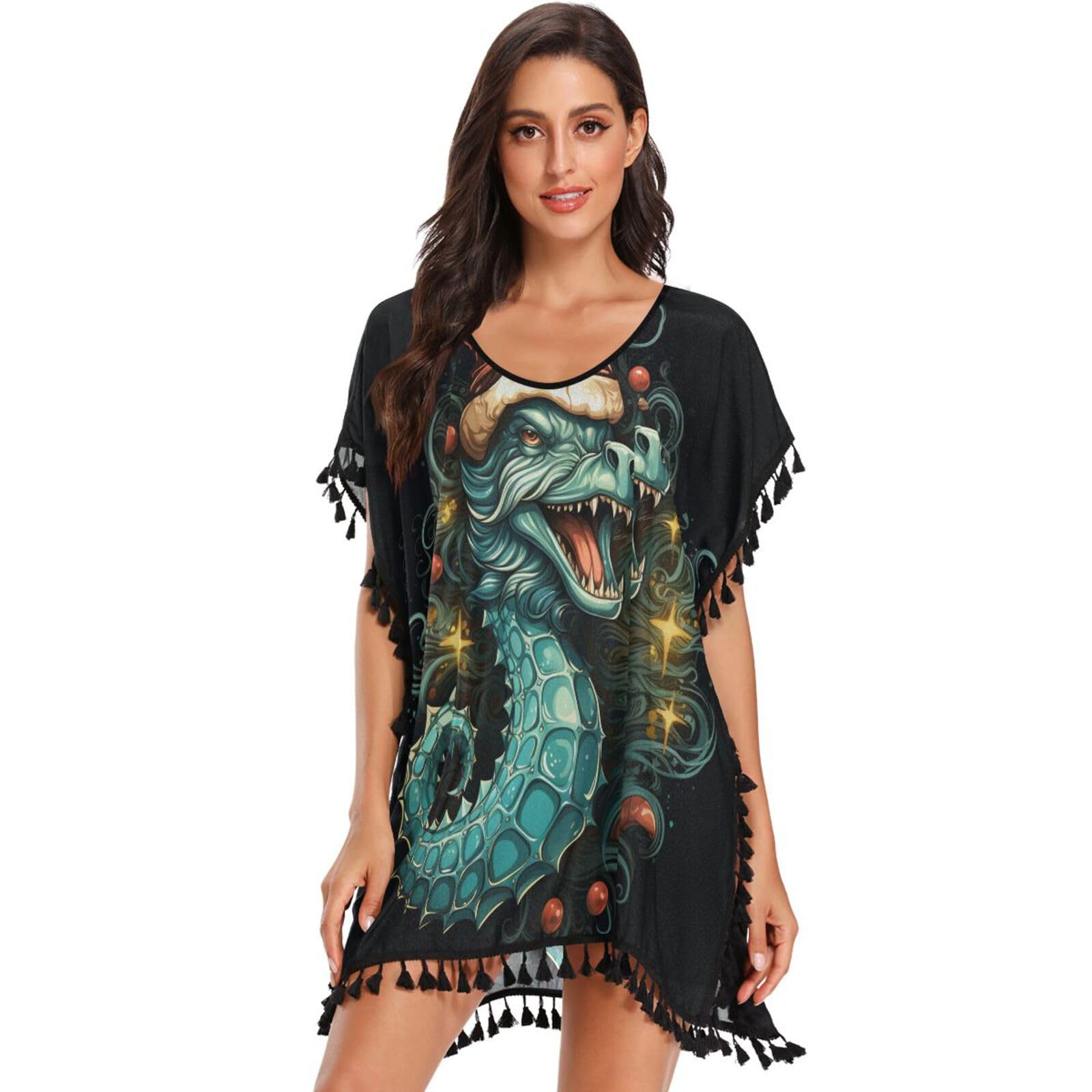 Christmas Style Animals Seahors Women's Beach Cover Up Chiffon Tassel Swimwear Swimsuit Coverups for Girl