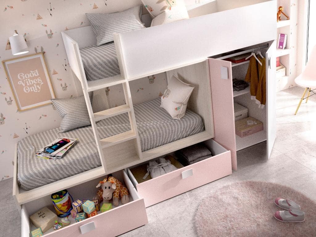 JUANITO bunk bed with drawers and wardrobe open, showing storage capacity