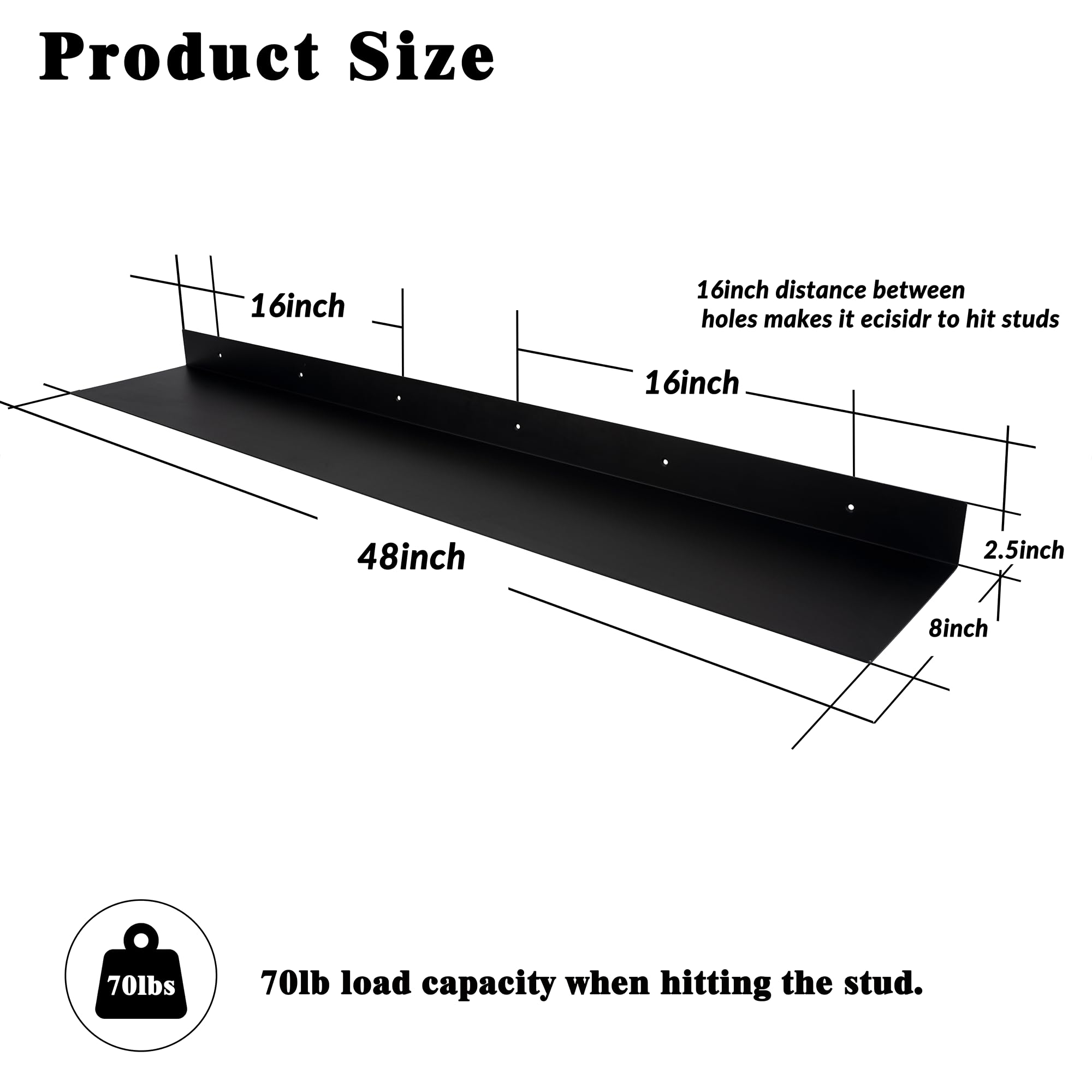 Juego de 2 estantes flotantes de metal de 48 pulgadas, estantes industriales de acero moderno y resistente para sala de estar, oficina, cocina, granja, 48 x 8 x 2.5 pulgadas, negro mate