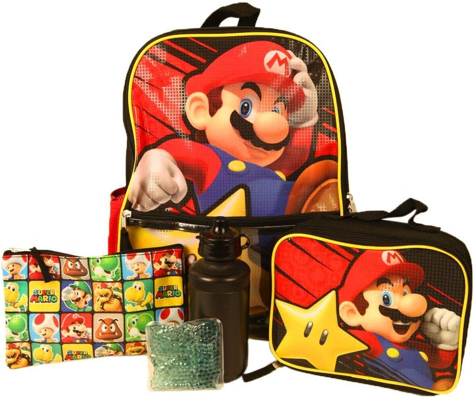 Kids Super Mario Backpack with Lunch Bag Set for Boys & Girls, 16 inch, 5 Piece Value Set
