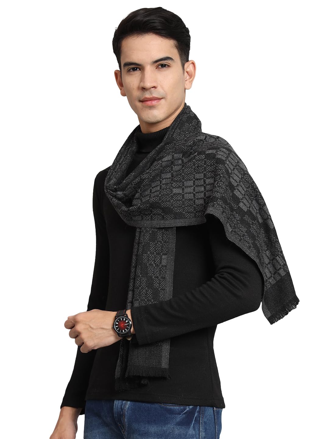 Ravaiyaa - Attitude is everything Men's Geometric Pattern Casual Muffler Winter Wool Long Scarf 72"x14" Inch (Black)