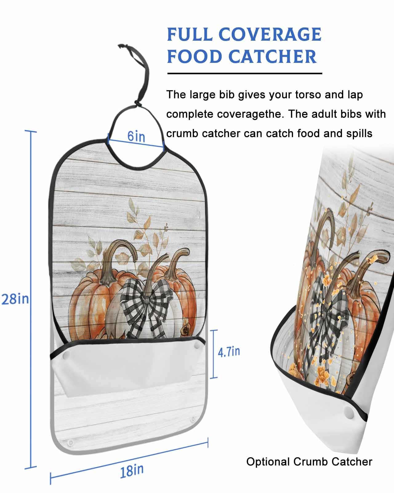 LEOKOTI Orange Grey Pumpkins Fall Adult Bibs for Eating, Waterproof Bibs with Food Catcher & Adjustable Snap Closure, Thanksgiving Vintage Washable Clothing Protectors Adult Bibs for Elderly Women/Men