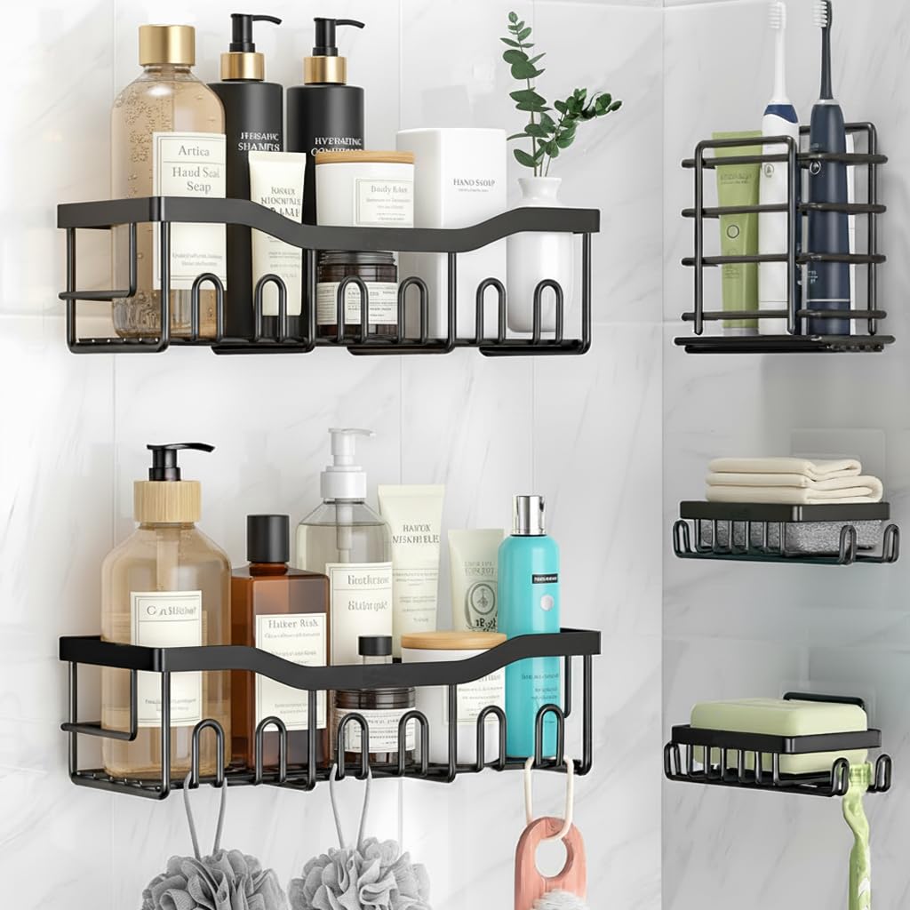 JD Fresh 5 in 1 Self Adhesive Bathroom Shelf Combo/Bathroom Organiser Without Drill/Metal Rust-Proof Strong Adhesive Wall Shelves/Soap Holder with Tooth Brush Holder/Multipurpose Storage Rack (Black)-image-40