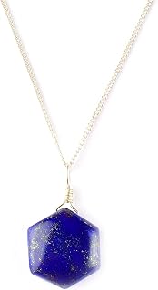 Natural Lapis Lazuli Hexagon Pendant, Copper in White Plating, Gemstone Necklace, Unusual Pendant, Silver Jewelry, Wire Wrapped, Hexagon Necklace, Dainty Pendant, Gift Her
