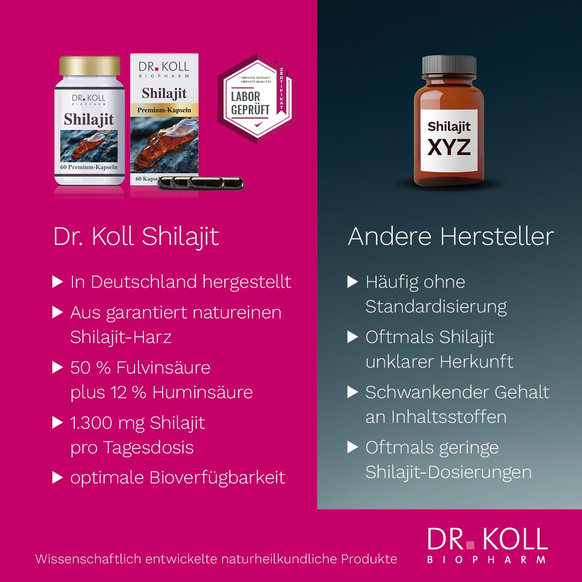 Shilajit Premium-Kapseln von Dr. Koll – hochkonzentriert 1.300mg & naturrein direkt aus dem Himalaya, laborgeprüft – 60 Kapseln, MADE IN GERMANY – vegan, gelatinefrei, laktosefrei, glutenfrei