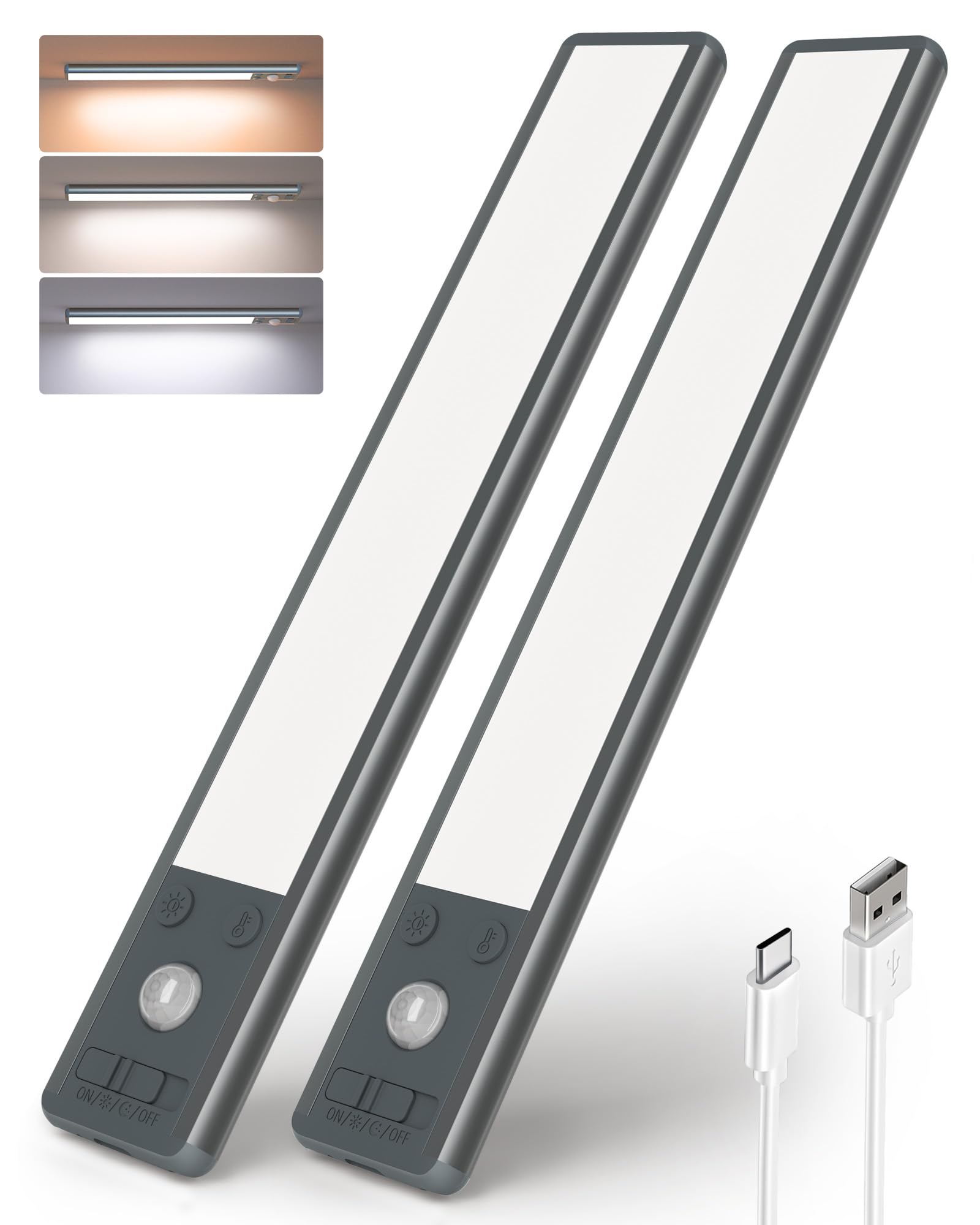 EZVALO 25CM Luce Led Sottopensile Cucina, 80 LED Luce Armadio Sensore e 3 Temperature di Colore, 1900mAh Dimmerabile USB Luci Led Cucina, Luci Armadio Senza Fili per Cucina/Cameretta, Nero (2 pezzi)