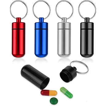 Sibba Pack of 4 Pill Box Key Ring Small Pill Box Outdoor Pill Box Portable Metal Mini Capsule Tablet Box Waterproof Airtight Pill Holder Medicine Box Travel Camping Hiking