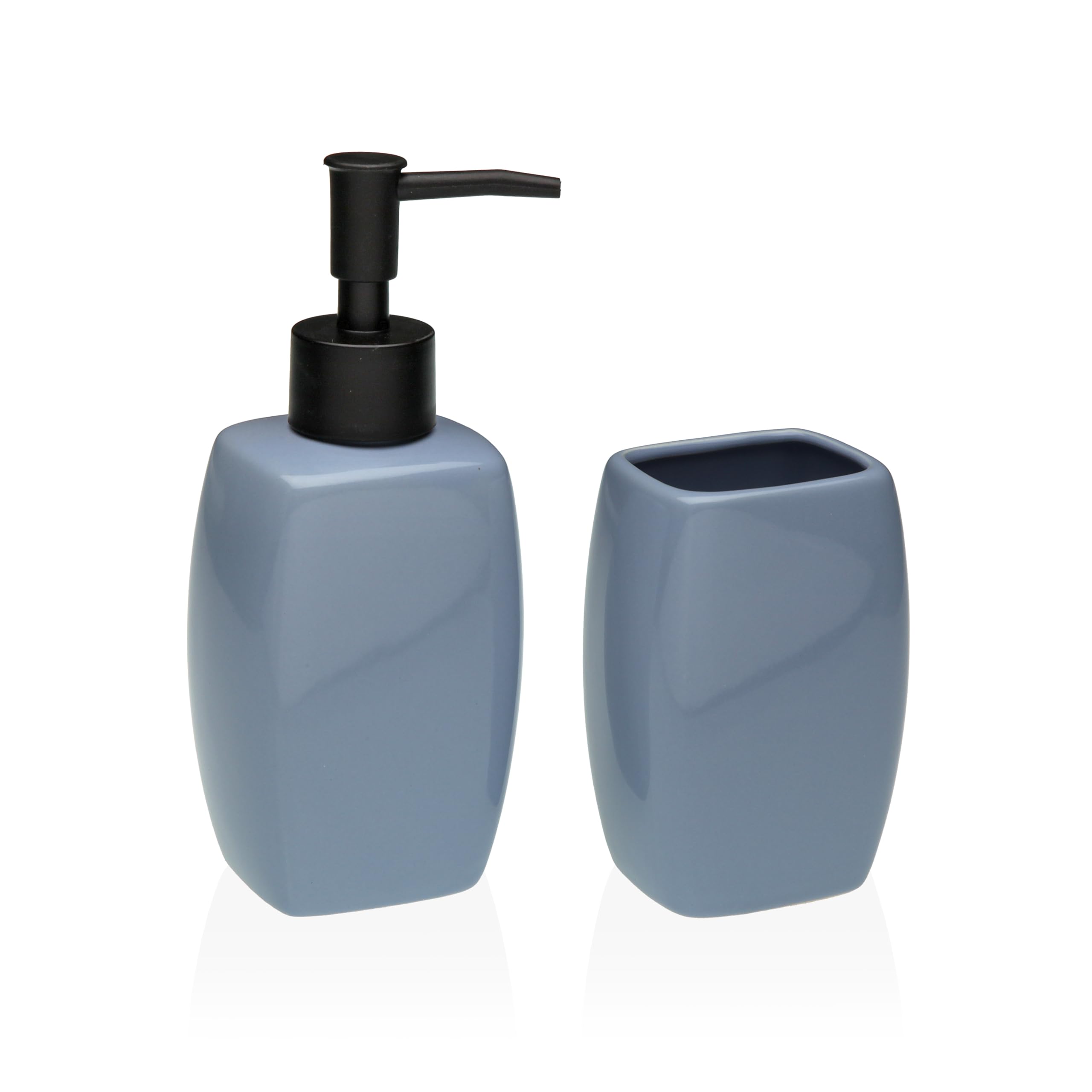 Juego de baño dispensador de jabón y portacepillos de dientes de cerámica – Accesorios de baño de diseño moderno, dispensador de jabón líquido + vaso portacepillos recargable (azul)