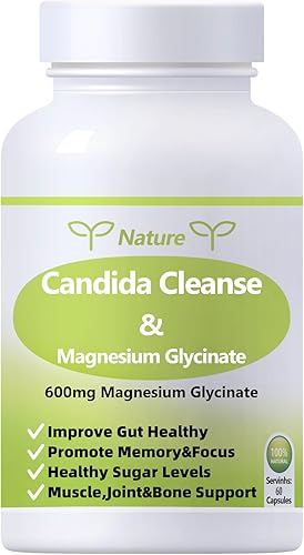 Candida Cleanse - Soporte intestinal y colon, glicinato de magnesio 600 mg, suplemento para mujeres y hombres con malato de magnesio, vitamina D, B6