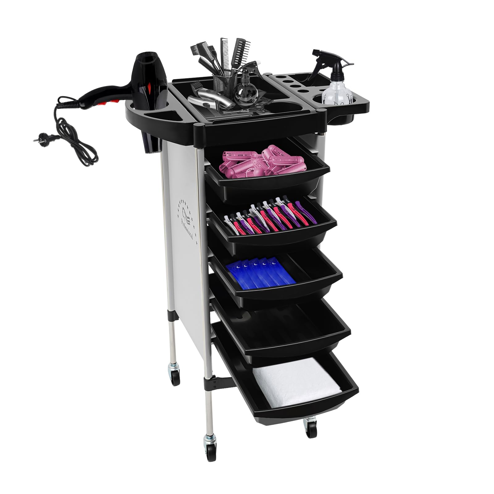 Carrito de peluquería con ruedas con 5 cajones y ruedas, carrito de trabajo peluquero para estilista peluquería peluquería peluquería spa blanco