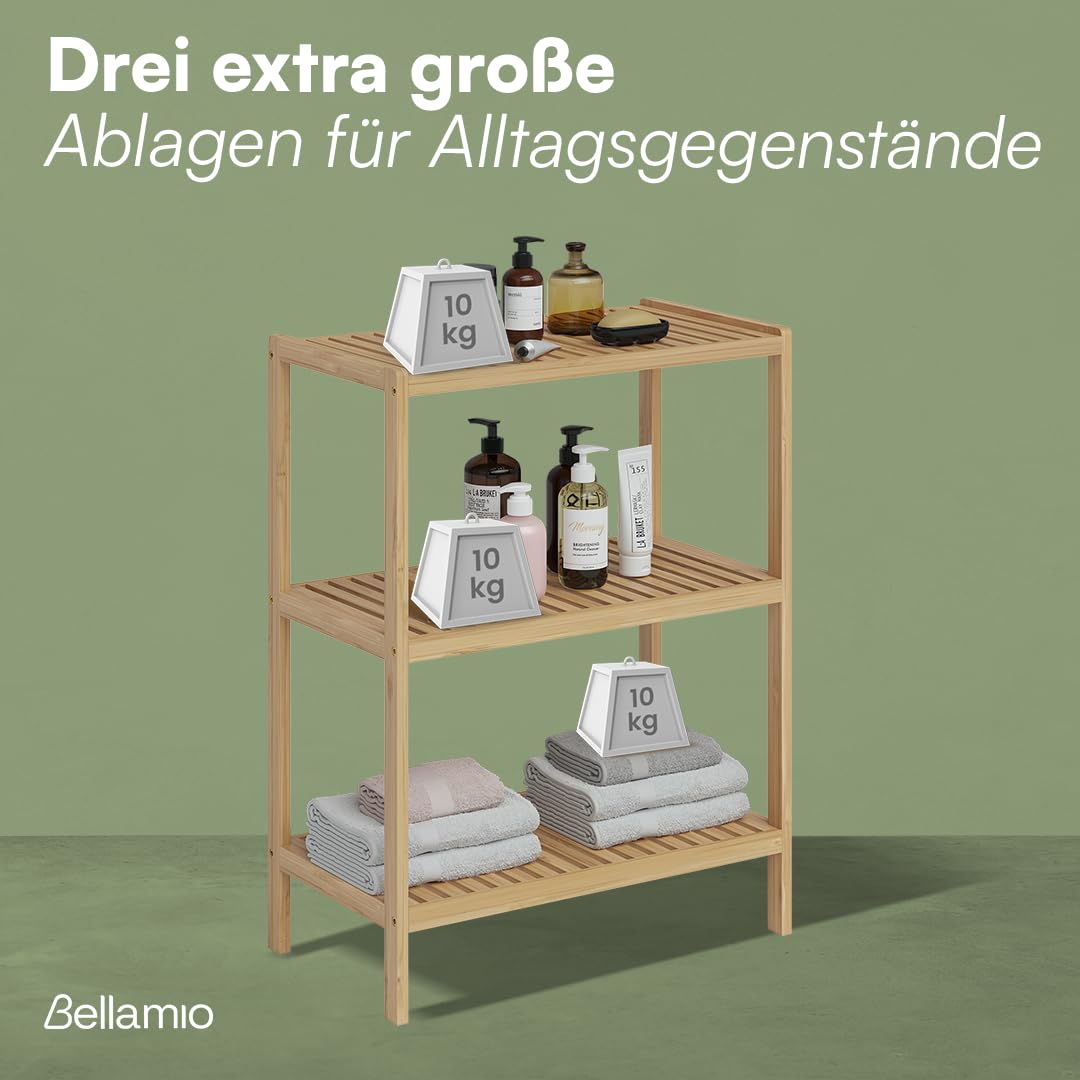 Bellamio Newa Badregal – Bambus Regal mit 3 Ablageflächen – Badezimmerschrank lackiert – Holzregal stehend für Badezimmer – Standregal schmal – offener Badschrank Natur – Badezimmermöbel 80x60x33 cm