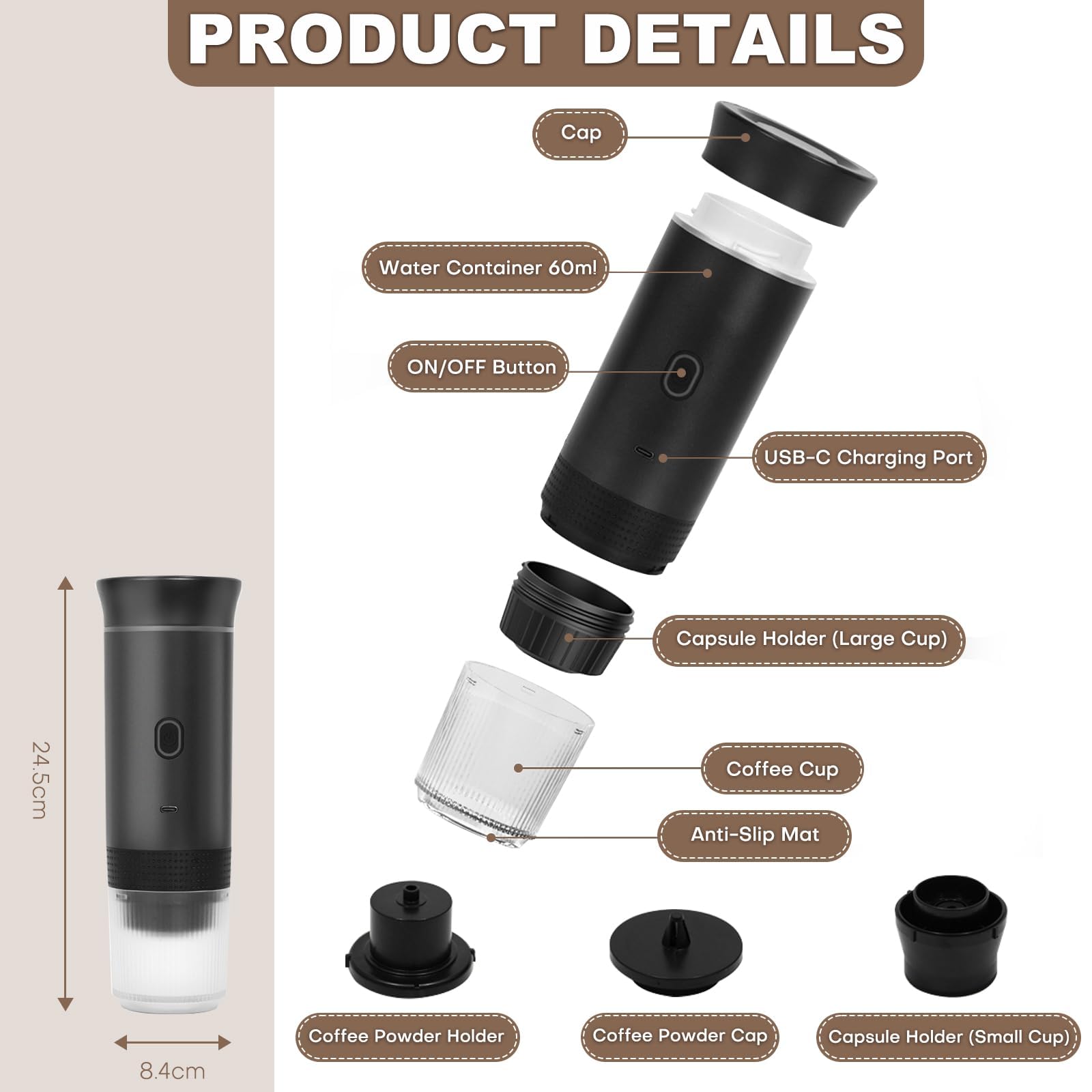 Bostar Machine à Café Portable, 3 En 1 électrique, Expresso