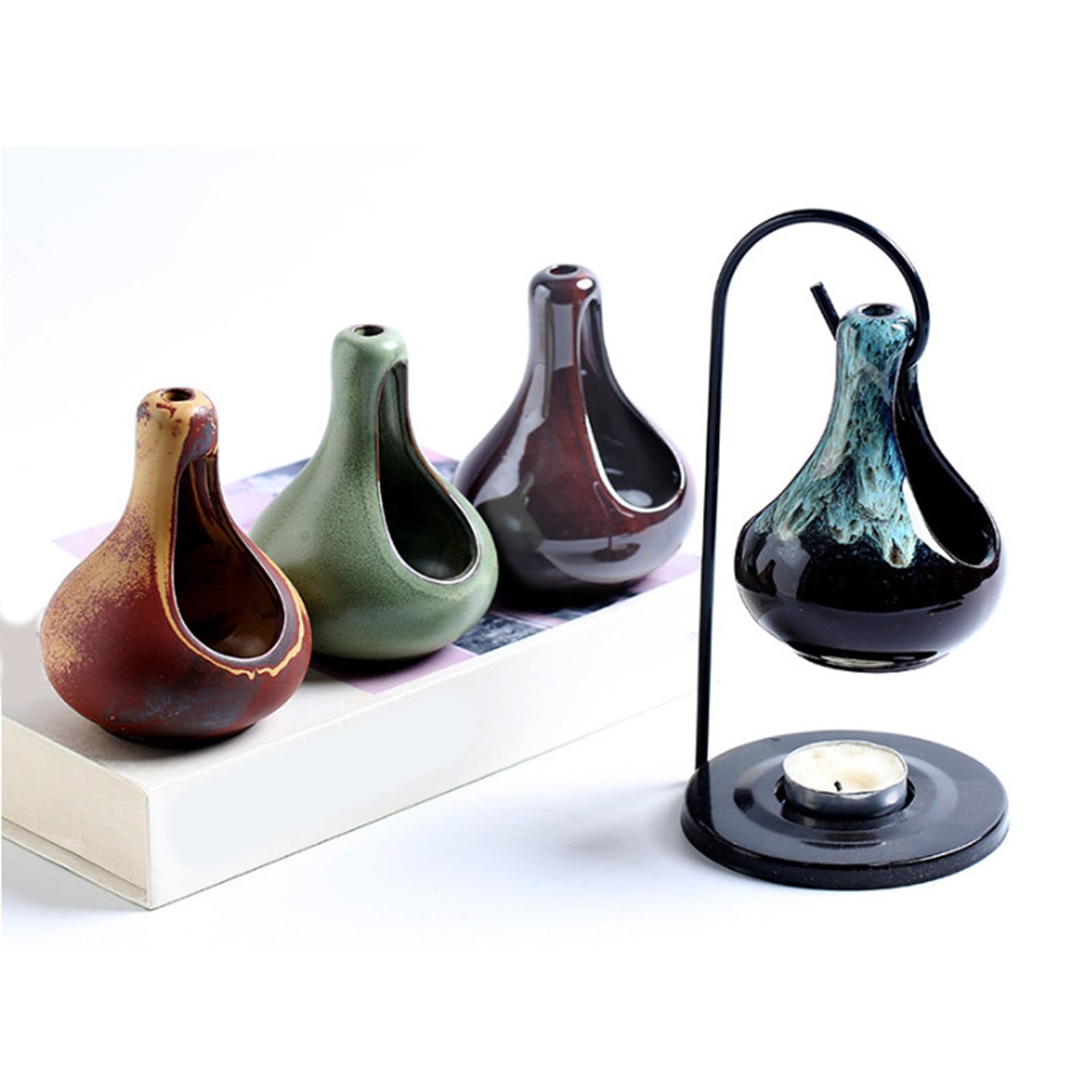 Difusor de aromaterapia cerámica esmaltada Colgante, portavelas con Soporte Hierro, Calentador Cera for decoración del hogar(Dark Brown)