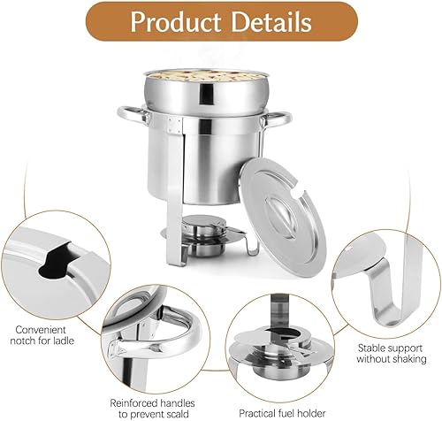 Miniatura 3 de Snowtaros Calentador de sopa redondo de acero inoxidable de 7 cuartos de galón con tapa de olla y soporte para combustible, olla comercial para