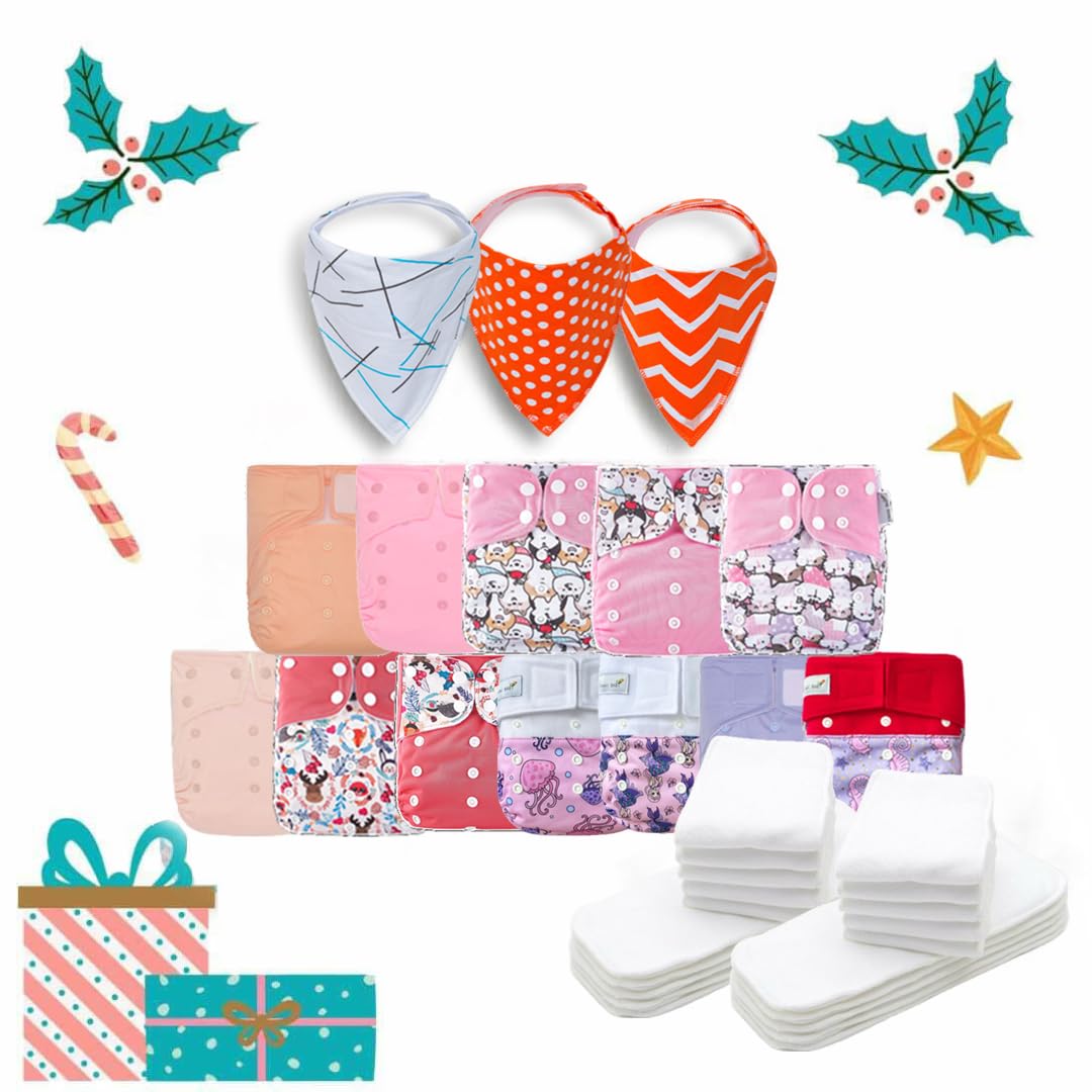 KaWaii Baby Little Pink Flower Gift Pack- 12 One Size Cloth Diapers + 24 One Size Stay Dry Diaper Inserts Newborn Thru Potty Training