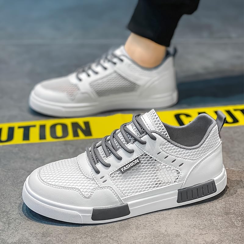 Hhhchpm Men's Breathable Mesh Sneakers Casual Shoes for Hiking, Outdoor, Daily Wear (White and Grey,8.5)