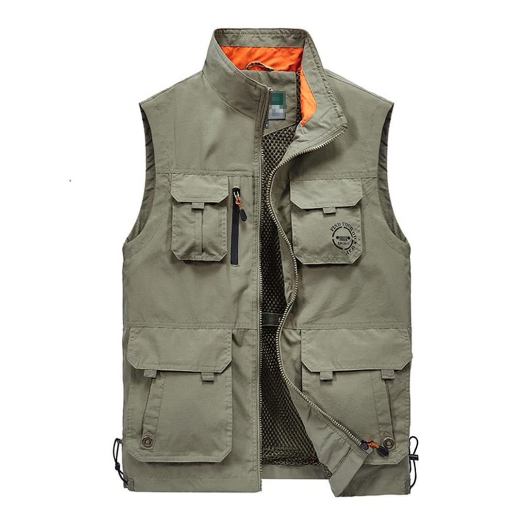 Hommes en plein air multi-poches photographie gilet de pêche mâle col montant fermeture éclair Camping chasse gilet Khaki 3Xl