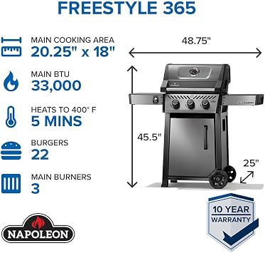 Napoleon Freestyle 365 3-Burner Propane Grill | Graphite Grey, Outdoor BBQ, Graphite Grey, Folding Side Shelves, Cast Iron Iconic WAVE Grates