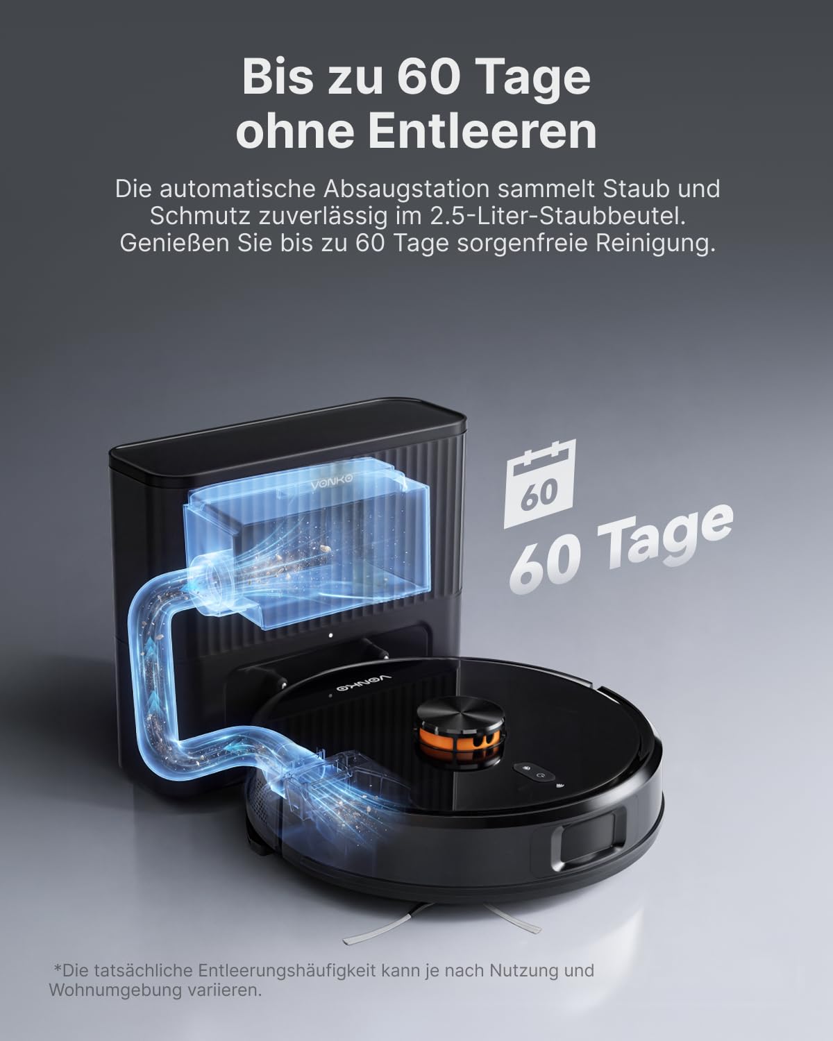 VONKO S6 Pro Saugroboter mit Wischfunktion und Absaugstation, 8000Pa Saugkraft,LiDAR 2.0 Laser Navigation,180 Min.Laufzeit,Teppicherkennung,App/Alexa,Ideal für Tierhaare, Hartböden,Schwarz