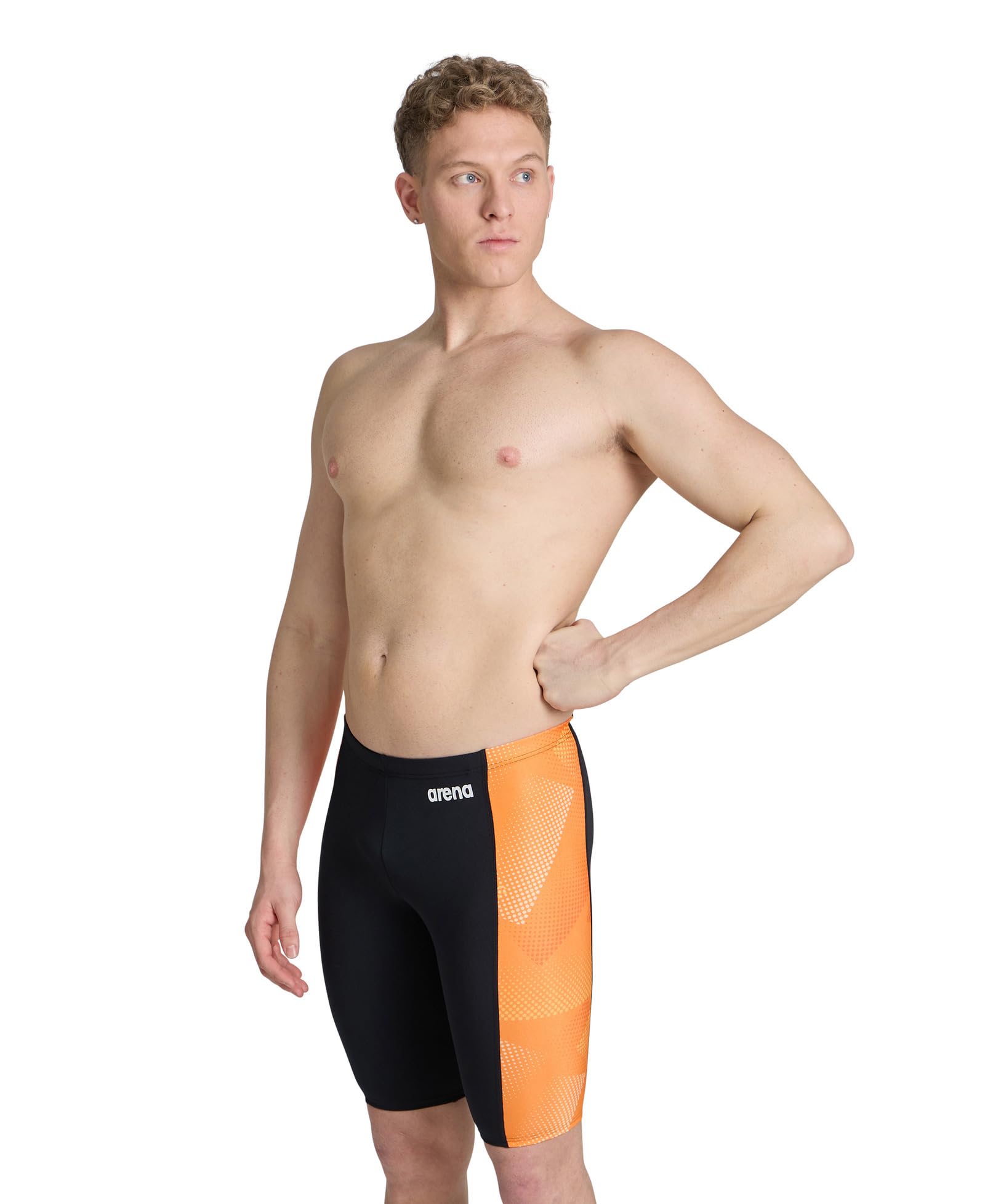 Arena Men's Performance Halftone Swim Jammer Athletic Swimwear Professional Swimsuit Trunks, Black/Team Orange, 34