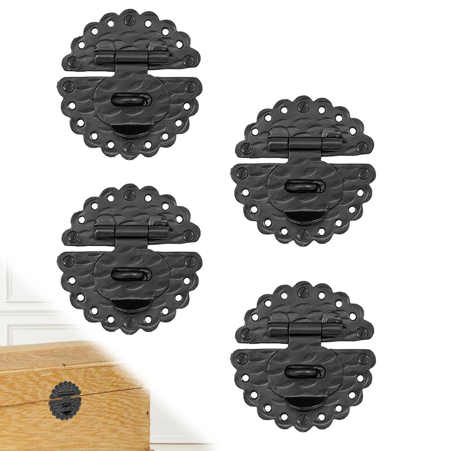 4 Pack 3.5 Inch Furniture Hasp for Gates - Black - Heavy Duty Decorative Metal Hasps - Handmade Rustic Iron Furniture Hasps for Door, Drawer, Chests, Cupboard and Trunks - The Hacienda Series