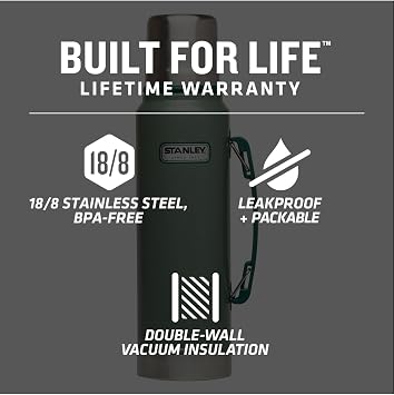 Stanley Heritage Classic Vacuum Bottle with Handle 1.1 qt | Wide Mouth w/Leakproof Cup Lid | Keep Drinks Hot or Cold | Insulated Stainless Steel Thermal Bottle | BPA-Free | Hammertone Green