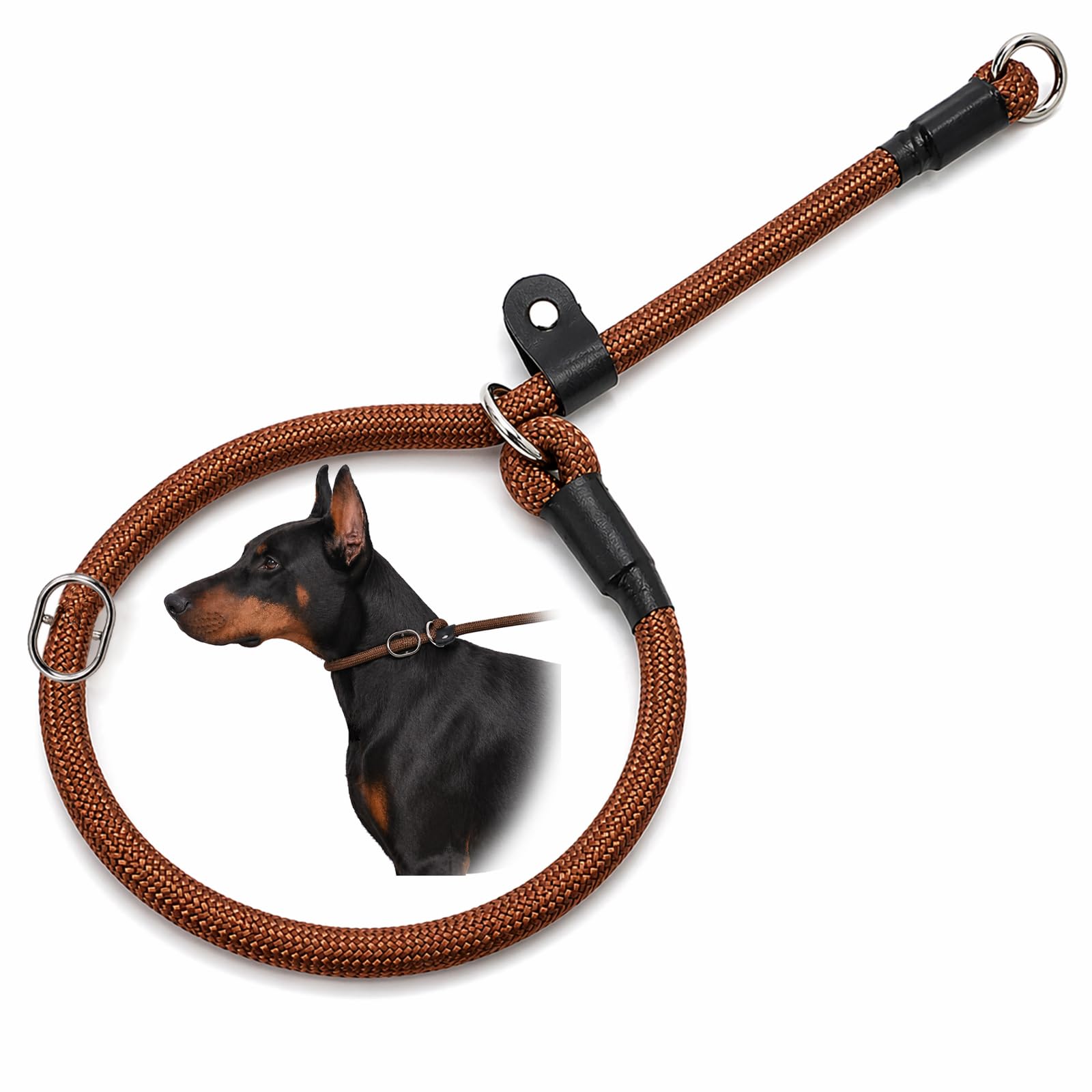 Durable Lightweight Slip Collar for Dog Training with Gentle Tightening - Sliding Stop Ring Adjustable Stopper, Brown Woven Nylon for Active Dogs, Large Size 1cm 60cm, Secure Metal Rings, Reinforced