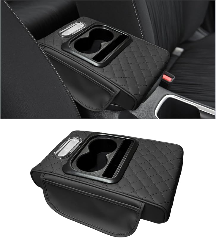 Apoio de Braço para Console Central YTFRL em Couro com Bolsos, Porta-Copos e Suporte para Celular – Preto Bordado