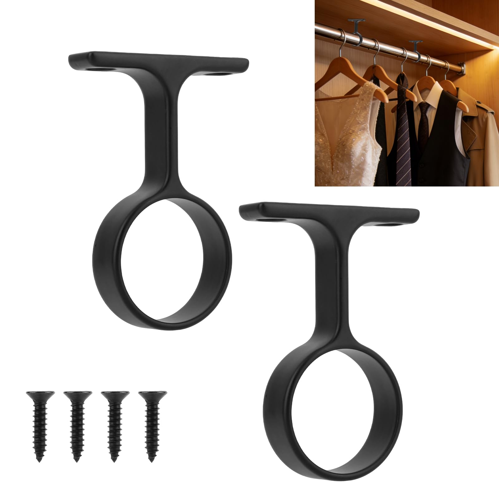 2pcs Wardrobe Rail Middle Mounting Bracket for 1-5/16" Round Closet Rod, Closet Rod Center Mount Support Ceiling Curtain Bar Holder with Installation Screws for Home Wardrobe Rail Clothes Pole (Black)
