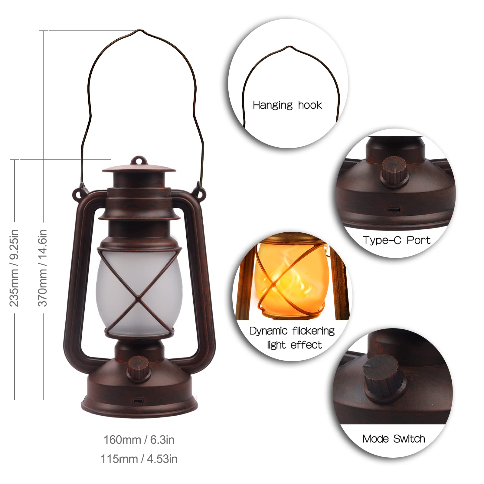Lanterna da Esterno Vintage, Interno LED Lanterne da Giardino Sospensione con Telecomando 4 Modalità Luci LED Lanterne Alimentata Batteria con Effetto Fiamma per Giardini, Terrazze, 2 Pezzi