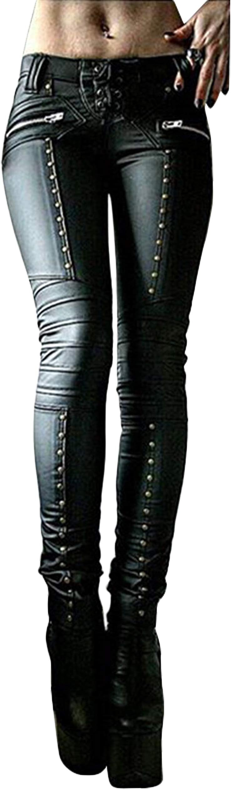 Lotsyle Faux Leather Metal Lace Side Leggings Medium Waist Stretch Pants