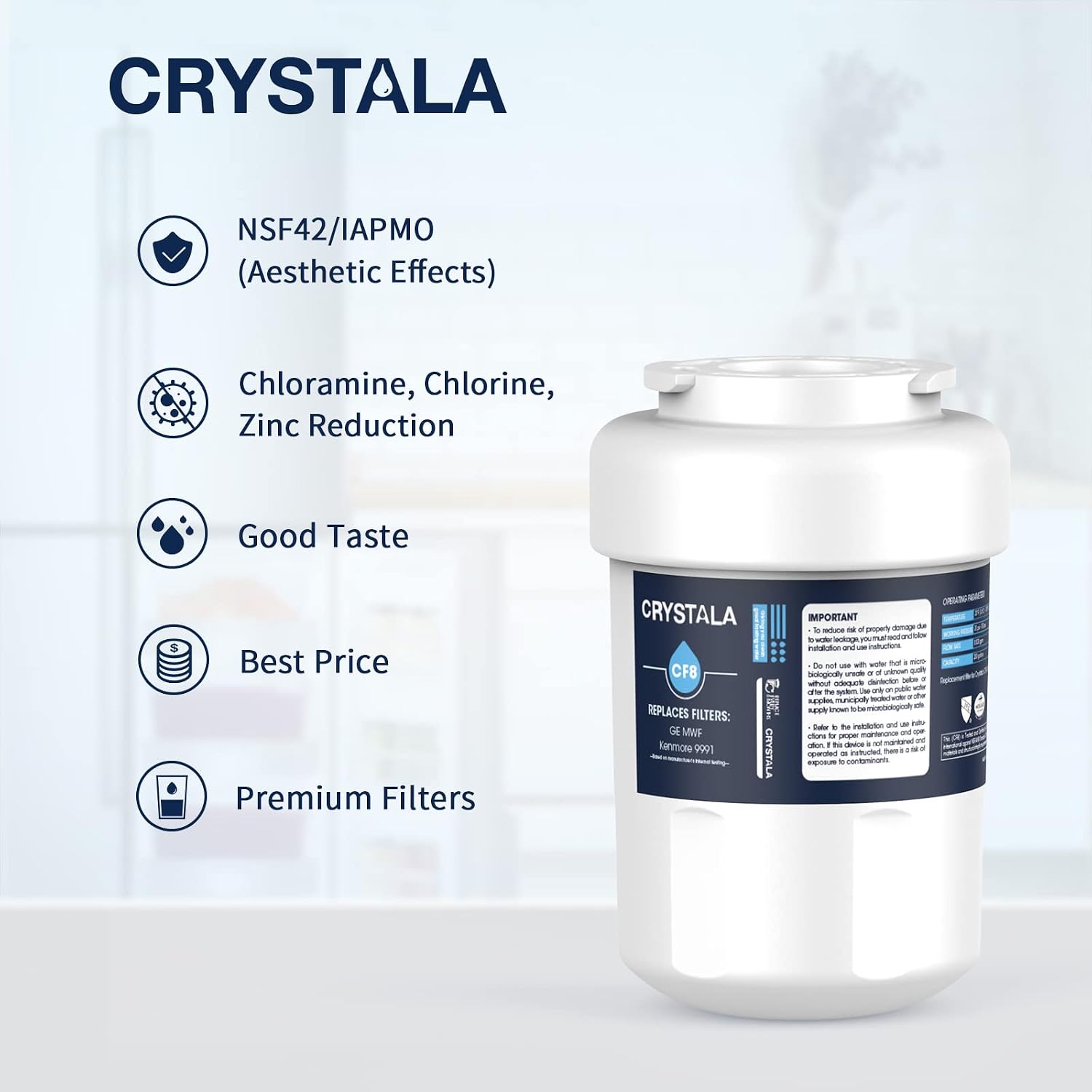 MWF Water Filter for GE Refrigerator, Crystala Filters Compatible with GE MWF SmartWater, MWFA, MWFP, GWF, GWFA, Kenmore 9991, 46-9991, HDX FMG-1, WFC1201 (1 Pack)