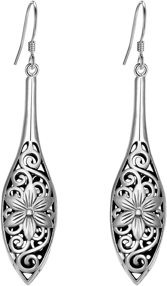 EVER FAITH 925 Sterling Silver Retro Filigree Bali Inspired Hollow Flower Teardrop Dangle Hook Earrings for Women