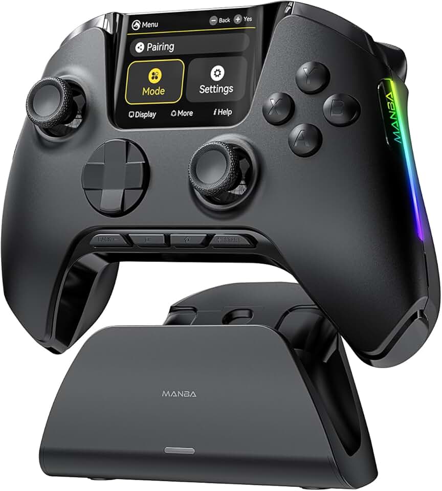 ManbaOne Interactive Screen Wireless Gaming Controller for PC/Switch/Switch 2/iOS/Android,Hall Effect Stick &amp; Trigger,RGB Lighting,Remappable Buttons,1800mAh with Charging Dock (Black)