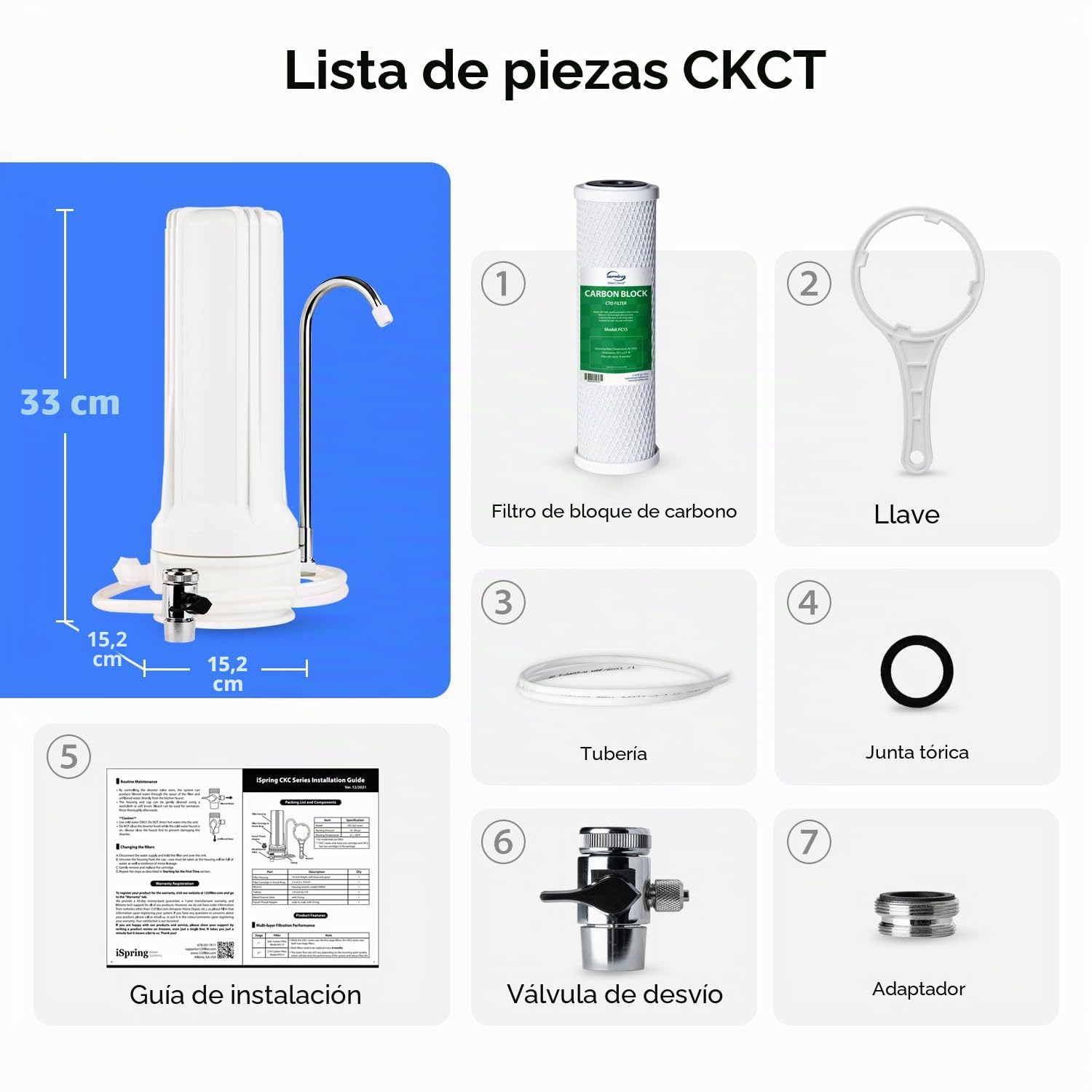 iSpring CKC1 Sistema de Filtración de Agua Potable para Mostrador con Filtro de Carbón de 2,5" x 10", Filtro de Agua para Encimera, Blanco