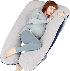 Almofada de gravidez em forma de U da Moon Pine, almofada de corpo inteiro para gestantes, suporte de pernas e barriga, almofada de dormir para mulheres grávidas e pessoas de sono lateral com capa removível, Blue&grey-velvet&jersey, 55 Inch