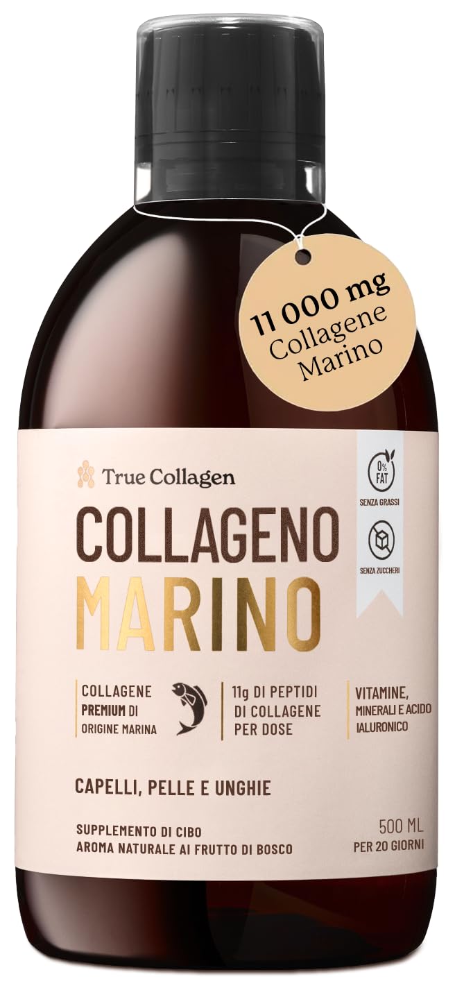 True Collagen - Premium 11000mg collagene marino 500 ml I collagene idrolizzato puro (Tipo I e III) I acido ialuronico, biotina, skin I, capelli, chiodi I vitamine e minerali - senza zucchero