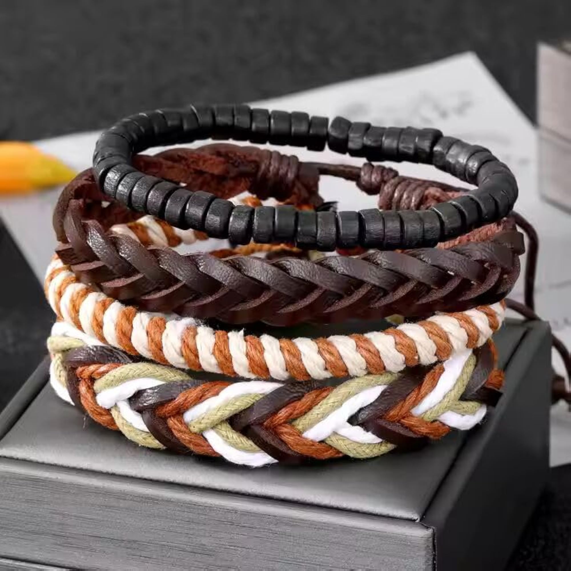 Genuine Braided Leather Bracelet Set of 4 for Boys
