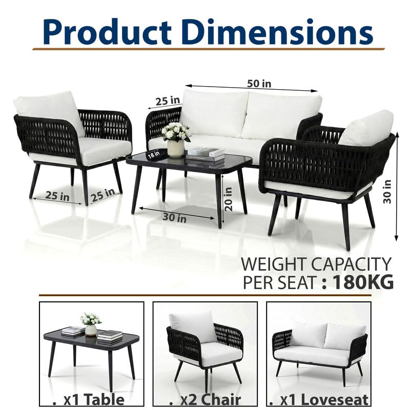 Image of BRISHI Outdoor Sofa Set || Balcony Sofa || Patio Furniture Sets | Conversation Sets | Braid & Rope Garden Seater Sofa Set and Center Table (4 Seater Black-White)