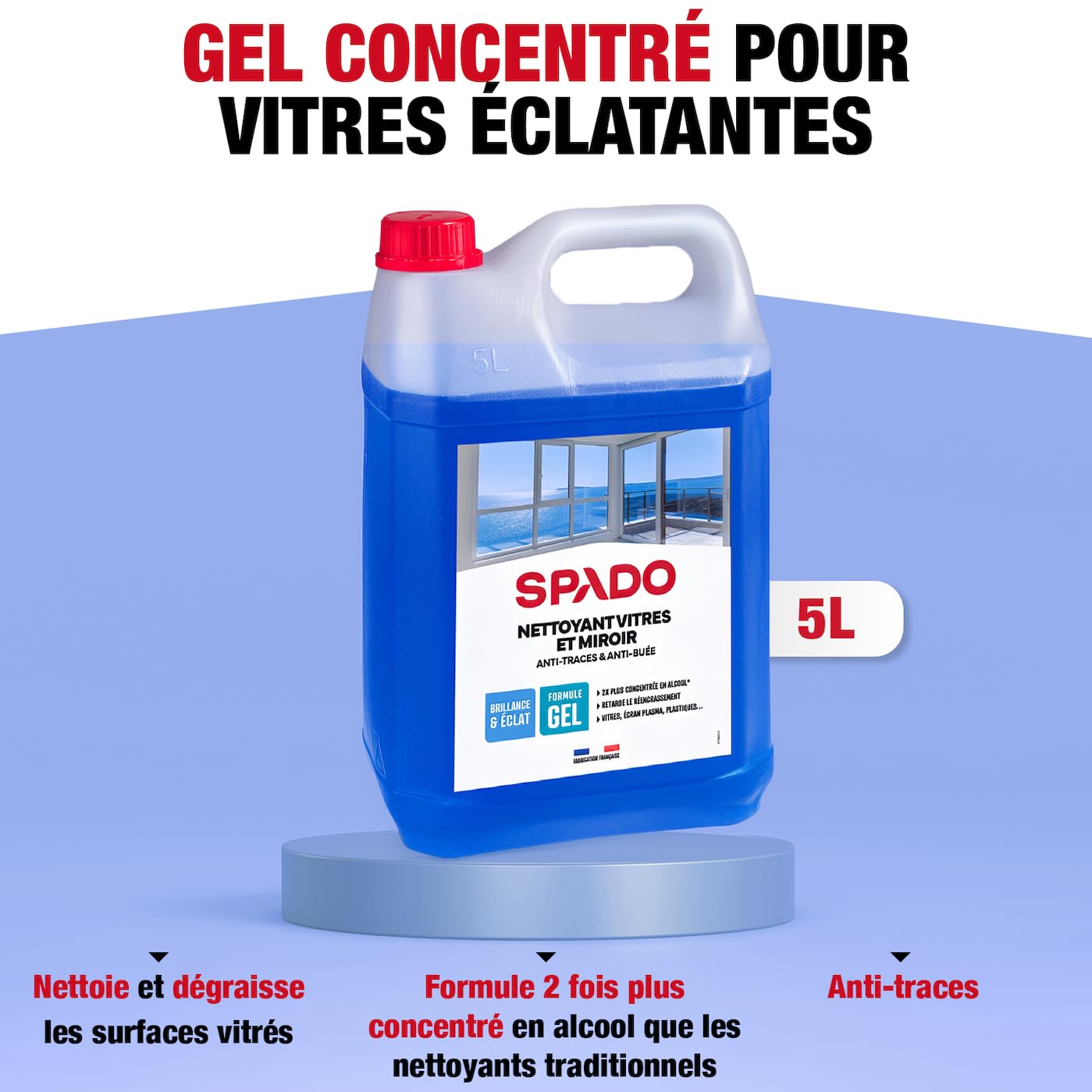 SPADO - Nettoyant vitres en gel - Anti-traces - Anti-pluie - Ne coule pas - Antibuée - pour vitre, miroirs et écran - 5L - Fabriqué en France