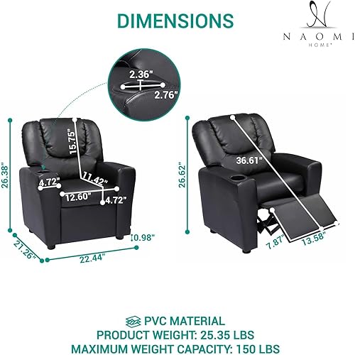 Miniatura 2 de Naomi Home Suri - Silla reclinable para niños con reposapiés y portavasos, sillón reclinable para niños con soporte para tazas, reclinables de PVC