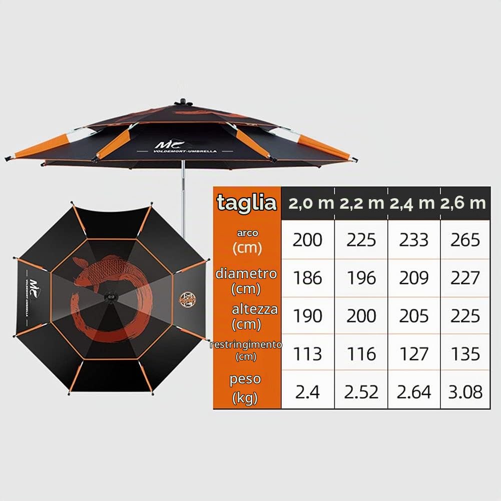 Ombrellone da Spiaggia da Pesca Pieghevole 200cm Inclinabile Protezione UV Antivento Ombrello Parasole da Esterno Grande per Mare Portatile（Nero） (Size : 240cm/7.8ft)