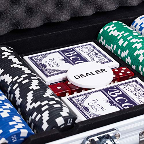 Relaxdays Pokerkoffer, 300 Laser Pokerchips, 2 Kartendecks, 5 Würfel, Dealer Button, Aluminiumkoffer abschließbar, silber
