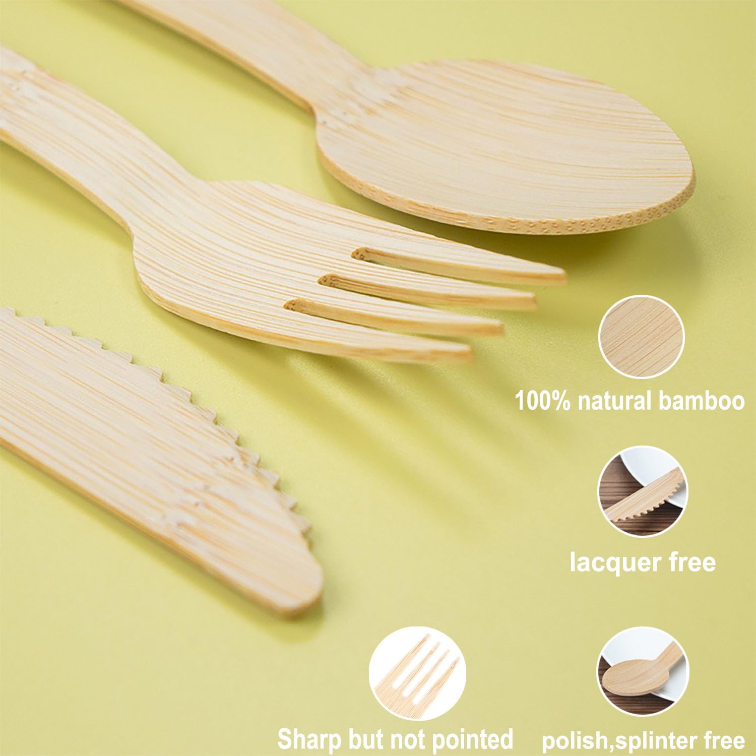 Set de couverts en bambou avec serviettes pré-roulées – Lot de 20 (6,7 pouces, 20 fourchettes, 20 cuillères, 20 couteaux, 20 serviettes) Couverts compostables, couverts jetables emballés
